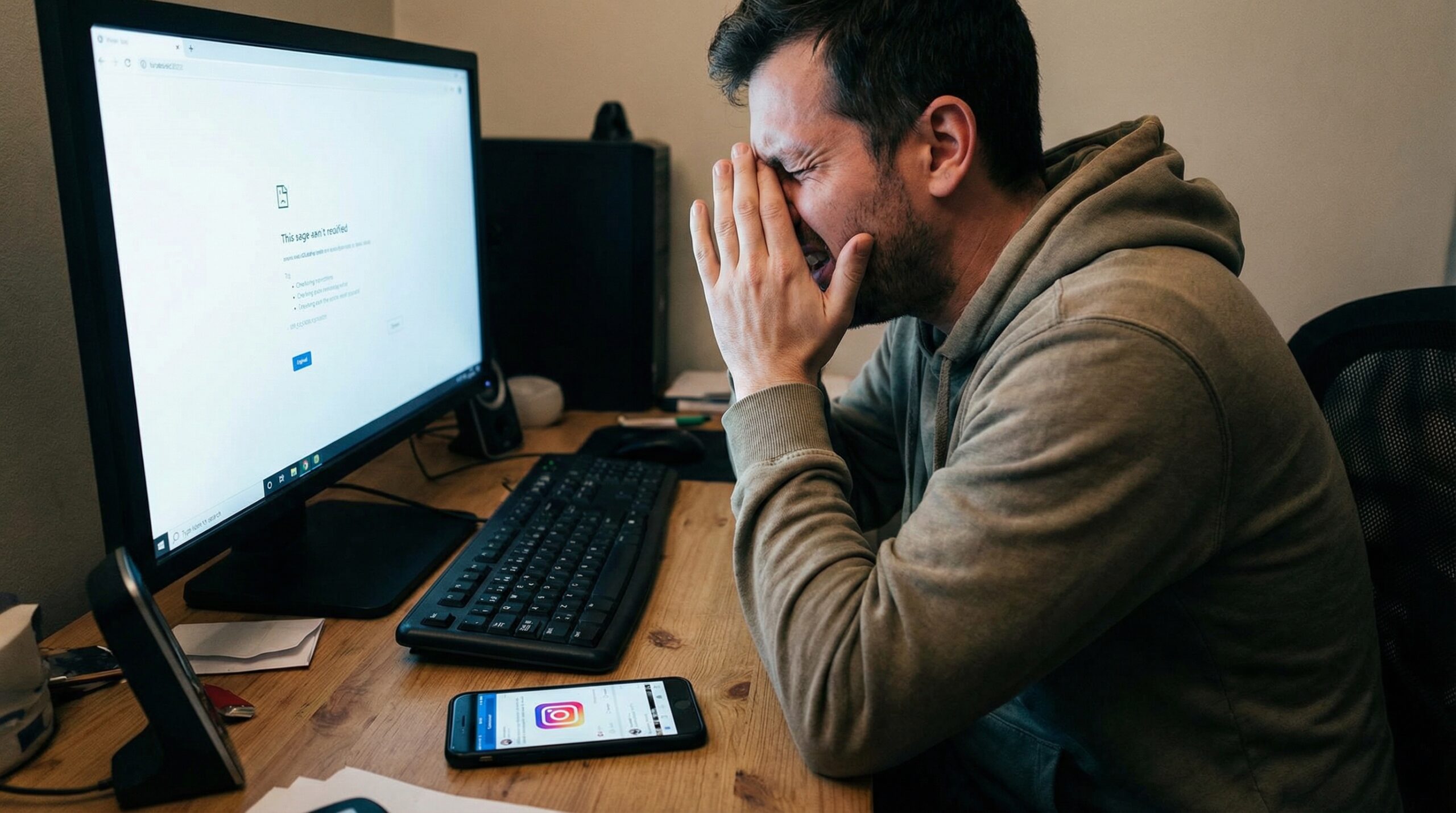 Pessoa adulta com as mãos no rosto, frustrada diante de um computador, enquanto o telemóvel está ao lado com redes sociais abertas.