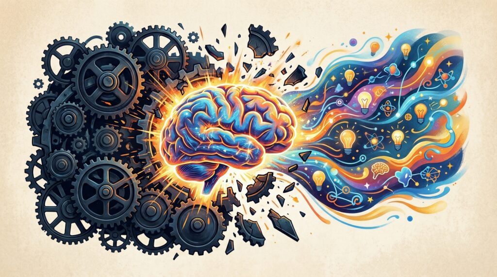Uma representação visual de um cérebro humano estilizado, onde um lado parece rígido e acinzentado como pedra, e o outro lado se transforma em cores vibrantes e formas fluidas, simbolizando a transição para a flexibilidade cognitiva.