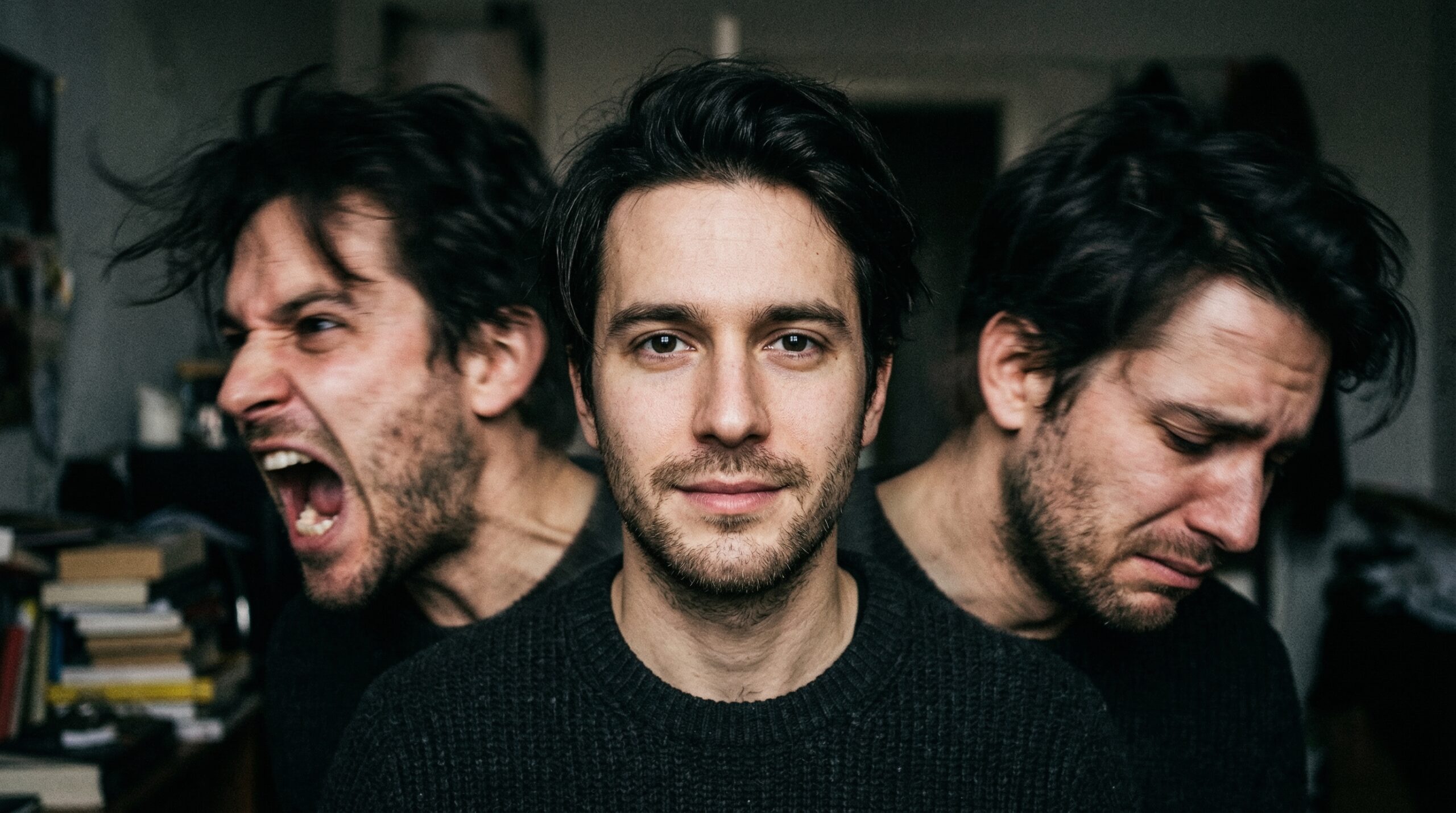 Fotografia conceitual representando o Transtorno Bipolar. Um homem com um rosto fragmentado em três faces distintas. À esquerda, uma face em movimento gritando (mania); no centro, uma face estável e serena olhando para frente; à direita, uma face em movimento e triste olhando para o lado (depressão). Por Psicólogo Lemuel Gonçalves.